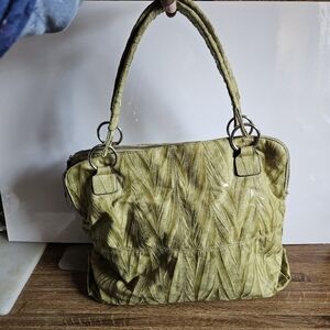Vintage 90s Chocolate New York Green Banana Leaf Textured Satchel Bag